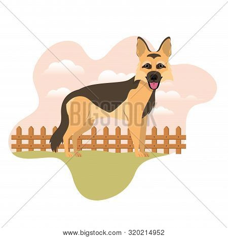 Cute Pastor Aleman Dog With Background Landscape Vector Illustration Design