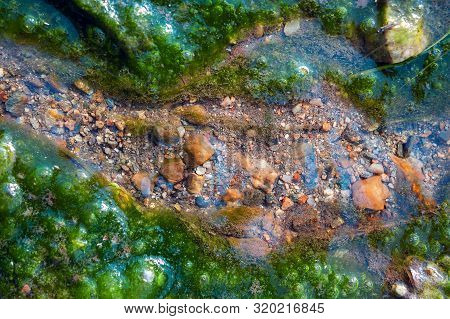 Top-down View Of A Tiny Stream, Clean Water, Colorful Pebbles, And Moss Growing Alongside With Air B