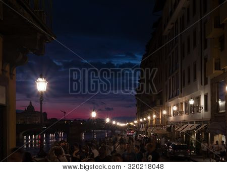 Night Time View Of Florence, Ponte Vecchio, Palazzo Vecchio And Florence Duomo, Italy. Florence Arch