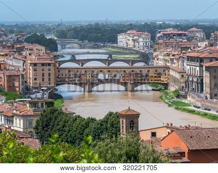 Sunlight View Of Florence, Ponte Vecchio, Palazzo Vecchio And Florence Duomo, Italy. Florence Archit