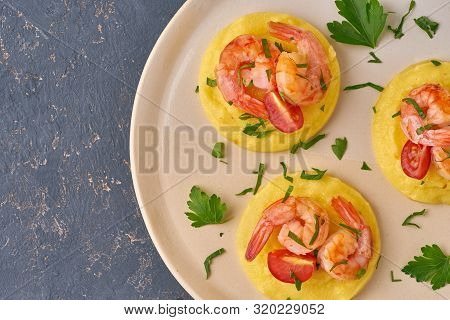 Shrimp Polenta - Fodmap Dash Diet Gluten Free Dish, Top View Closeup, Copy Space