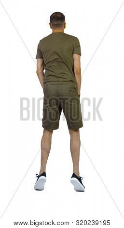 Back view of man in zero gravity or a fall. guy is flying, falling or floating in the air. Side view people collection. side view of person. Isolated over white background. guy in sneakers jumped 