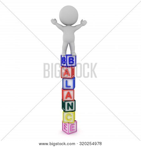 3D Character Standing On Letter Blocks Spelling Balance