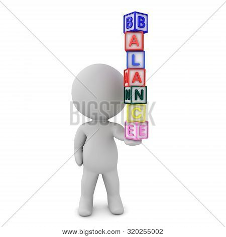 3D Character With Stack Of Letters Saying Balance In His Hand