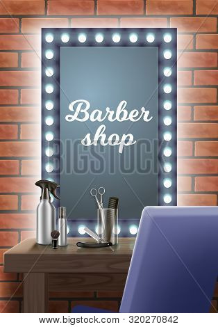 Hairdresser Workplace. Mirror In Barbershop. Barber Tool Kit. Hair Styling Product. Tools On Table I