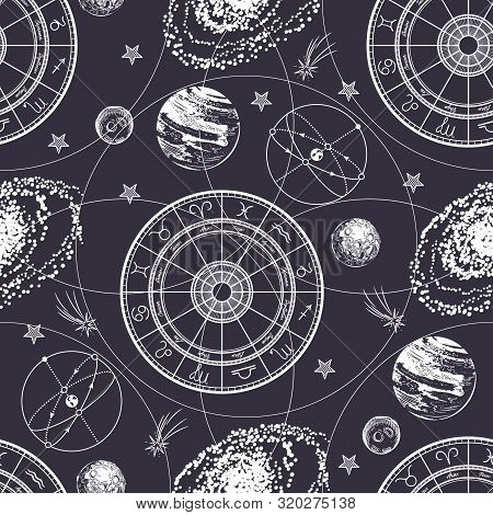 Seamless Pattern. Signs Of The Zodiac, Ecliptic, Stars, Galaxies And Planets.