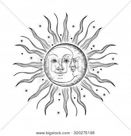 The Face Of The Sun And Moon. Retro Illustration.
