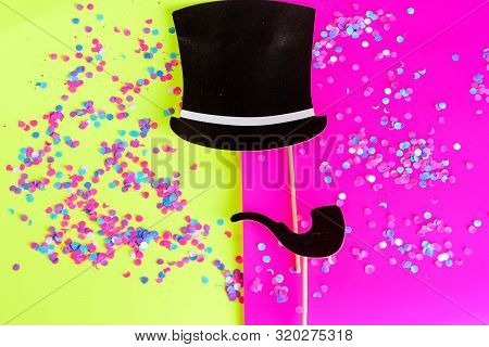 Icon Of Man With Black Smoking Pipe, Hat And Confetti On Neon Background. Fflat Design.invitation On