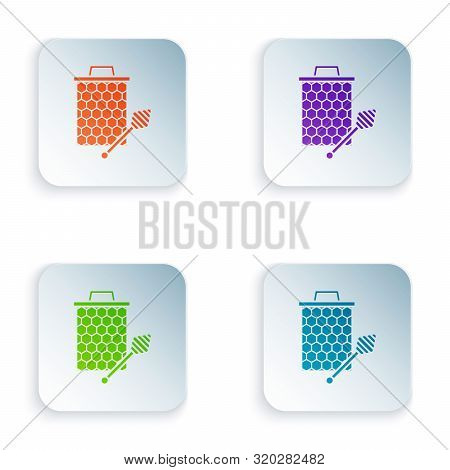 Color Honeycomb With Honey Dipper Stickicon Isolated On White Background. Honey Ladle. Honey Cells S
