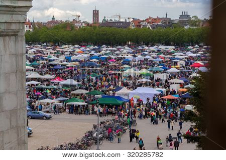 Theresienwiese, Munich, Germany, 2019 April 27: View Over The Jumble Sale, Flea Market In Bavaria At