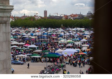 Theresienwiese, Munich, Germany, 2019 April 27: View Over The Jumble Sale, Flea Market In Bavaria At