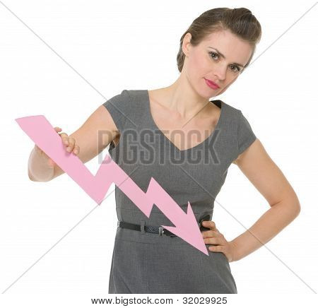 Serious Business Woman Holding Decreasing Chart Arrow Isolated