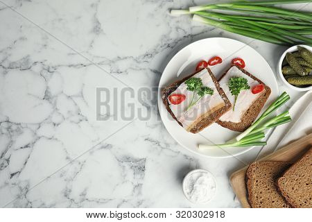 Plate With Pork Fatback Sandwiches Served On Marble Background, Flat Lay. Space For Text