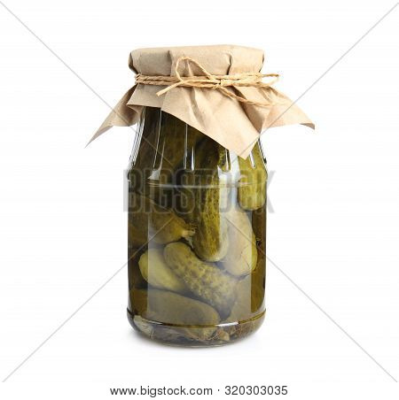 Jar With Pickled Cucumbers On White Background