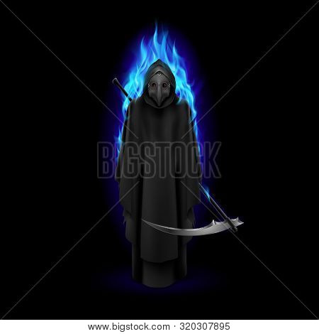 Plague Doctor In Blue Flame Over Black Background. Medieval Death Symbol Plague Doctor Mask For Web,