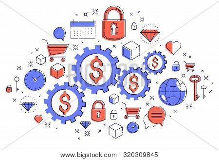 Economy System And Business Concept, Gears And Cogs Mechanism With Dollar Signs And Icon Set, Allego