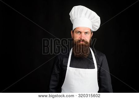 Chief Cook And Professional Culinary. Bearded Man In Kitchen Apron. Chef, Cook Or Baker Man. Bearded