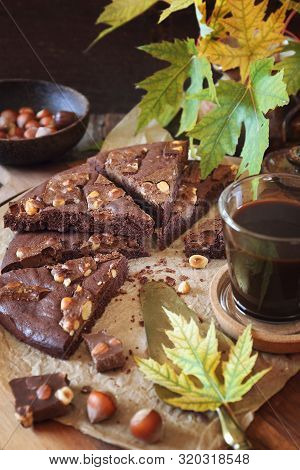 Autumn Coffee Pause. Kladdkaka, Swedish Chocolate Cake And Cup Of Coffee