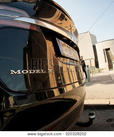 Chambery, France - Aug 15, 2017: Wide Angle Lens Fish-eye Over Luxury Tesla Model X Electric Car Suv