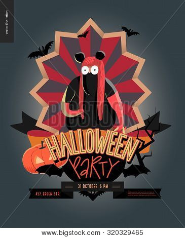 Halloween Party Composed Emblem Invitation. Flat Vectror Cartoon Illustrated Design Of A Fat Girl We