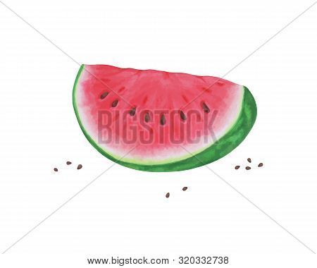 Slice Of Watermelon On White Background, Summer Fruit, Vector Illustration. Design For Greeting Card