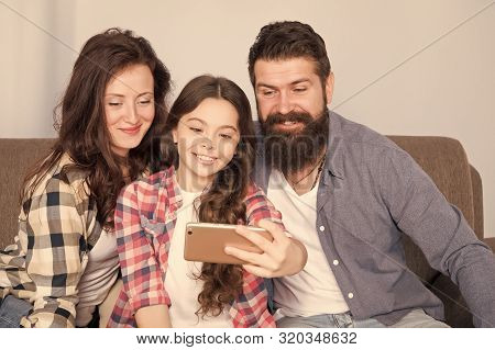 Family Selfie. Family Spend Weekend Together. Use Smartphone For Selfie. Friendly Family Having Fun 