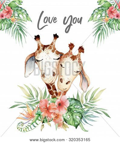 Cute Watercolor Geraffe With Tropical Flowers Card Hand Drawn Illustration