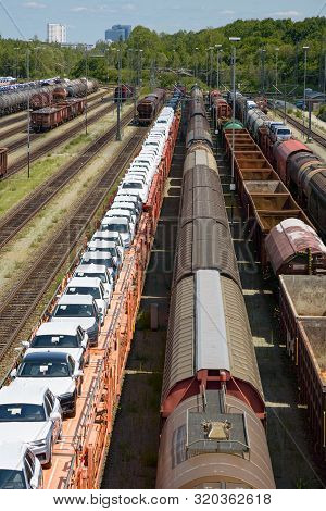 Munich, Germany - July 10, 2019: German Railroad Cargo Station Munich North With Standing Trains. Ve