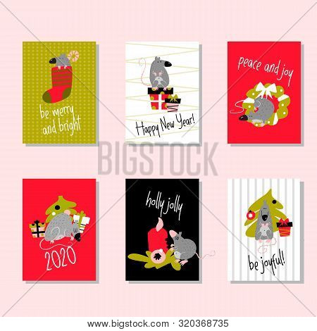 Set Of Funny Christmas Cards With Rats And Greetings, Made In Vector. Invitation, Poster.
