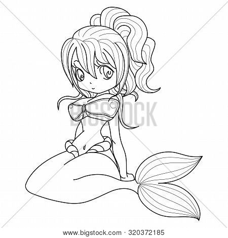 Beautiful Princess Mermaid Line Art For Coloring. Vector Cartoon Magic Young Girl Undersea Illustrat