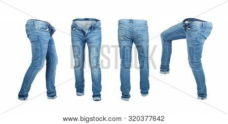 Blank Empty Jeans Pants Leftside, Rightside, Frontside And Backside In Moving Isolated On A White Ba