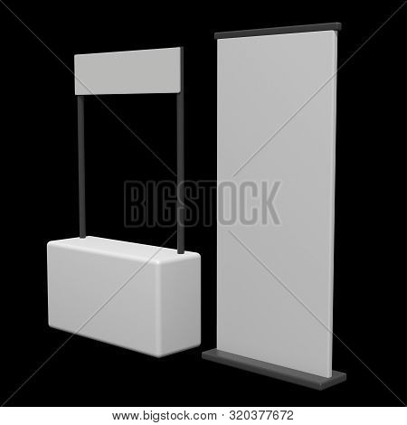 Stall Or Kiosk Modern Promostand Reception Desk With Roll Up. Trade Show Booth White And Blank. 3d R
