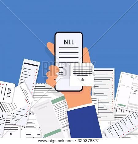 Hands Holding Phone With Paying Bills. Payment Of Utility, Bank, Restaurant And Other. Flat Design M