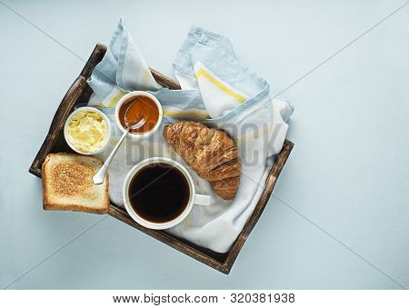 Breakfast Served With Coffee, Croissant, Bread, Jam And Butter. Continental Delicious Healthy Breakf