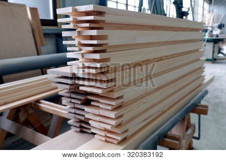 Parts Of Wooden Windows From Glued Beams From Pine With Chopped Mortise And Tenon Joints. Close Up V