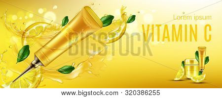 Vitamin Cosmetics Tube With Long Nozzle And Cream Jar With Lemon Slices And Green Leaves. Fruit Acid