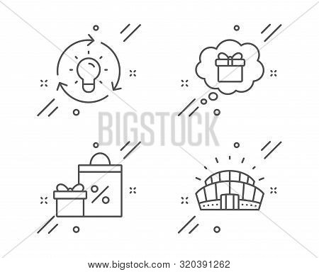 Idea, Shopping And Gift Dream Line Icons Set. Sports Stadium Sign. Lightbulb, Gifts And Sales, Recei