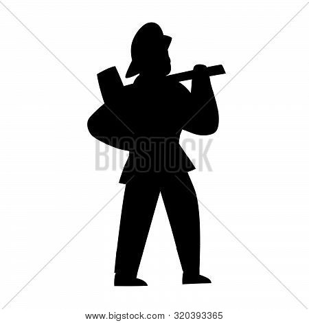 Black Silhouette Of Firefighter. Character Illustration Isolated On White. Cartoon People Vector Fla