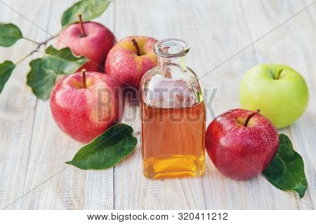 Apple Cider Vinegar In A Bottle. Selective Focus.