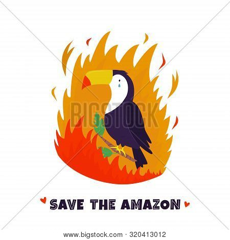 Amazonian Forest In Fire. Toucan In Flame. Vector Illustration. Ecological And Environmental Catastr