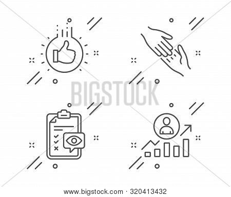 Like Hand, Eye Checklist And Helping Hand Line Icons Set. Career Ladder Sign. Thumbs Up, Optometry, 