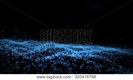 computer graph small blue flashing information units create winding threads surface like oceanic waves in dark background. 3d animation. Motion graph. Digitized world and blue ocean strategy concept