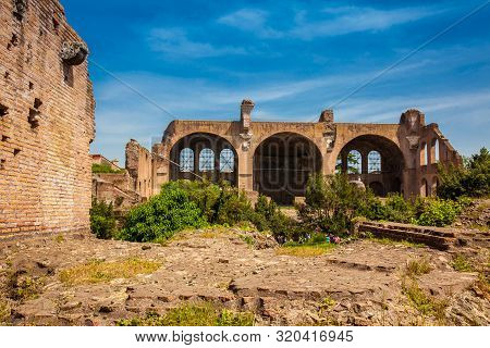 Rome, Italy - April, 2018: The Basilica Of Maxentius And Constantine In The Roman Forum In Rome