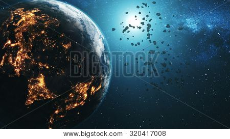 Magnetic space rocks approach planet Earth illuminated by Sun against blue star light. 3d rende animation. Science and technology concept. Elements of this media furnished by NASA