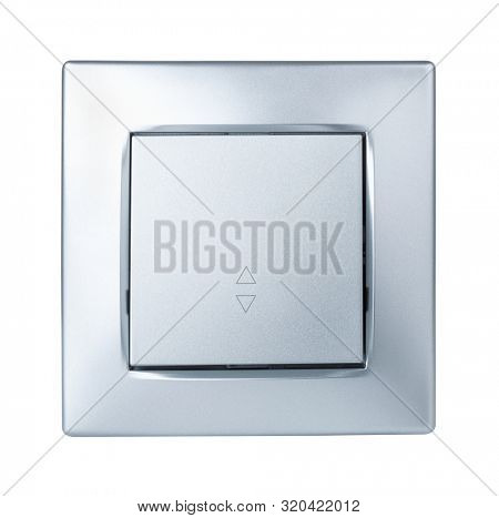 Front view of silver room light switch isolated on white