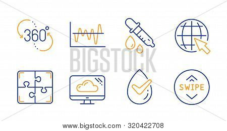 360 Degree, Cloud Storage And Chemistry Pipette Line Icons Set. Puzzle, Stock Analysis And Dermatolo