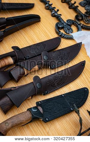 Ryazan, Russia - July 27, 2019: Knives In A Leather Case On A Blacksmith Festival