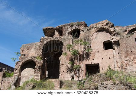Italy, Rome - April 17 2017: The View Of Ancient Roman Ruins Domus Severiana At The Palatine Hill On