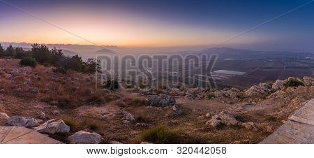 Morning View At Morning Sunrice From Mount Precipice On A Nearby Valley Near Nazareth In Israel