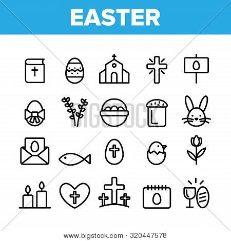 Collection Happy Easter Elements Vector Icons Set Thin Line. Egg And Bunny, Church And Tulip Celebri